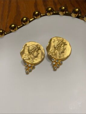 Gold Coin Medallion Drop Earrings with Crystal Accents